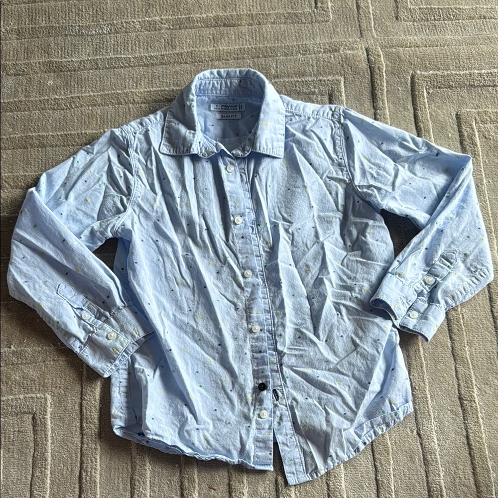 EUC💙Mayoral Light Blue Button-Up long sleeve Shirt with green yellow blue dots